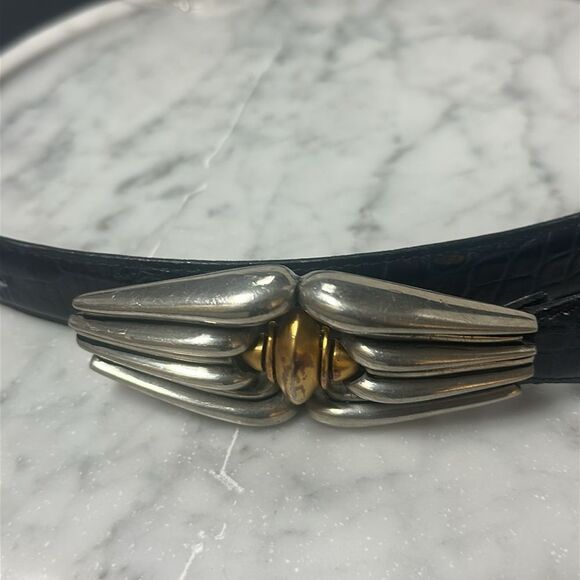 CARLISLE Vintage Leather Black Croc Embossed Belt Silver and Gold Buckle Sz M